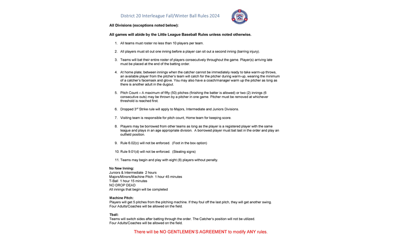 District 20 Interleague Fall/Winter Ball Rules 2024